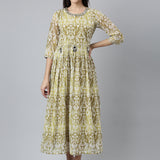 Neerus Green Straight Casual Printed Dress