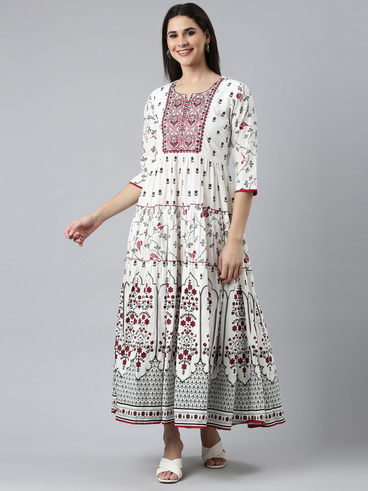 Neerus White Straight Casual Printed Dress