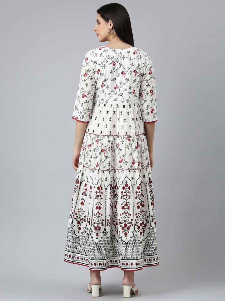 Neerus White Straight Casual Printed Dress