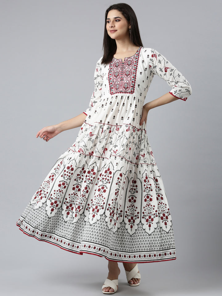 Neerus White Straight Casual Printed Dress