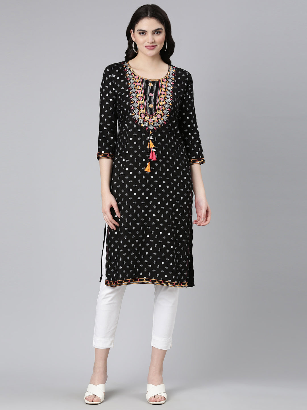 Neerus Black Regular Straight Printed Kurta