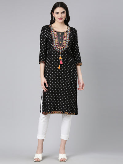 Neerus Black Regular Straight Printed Kurta