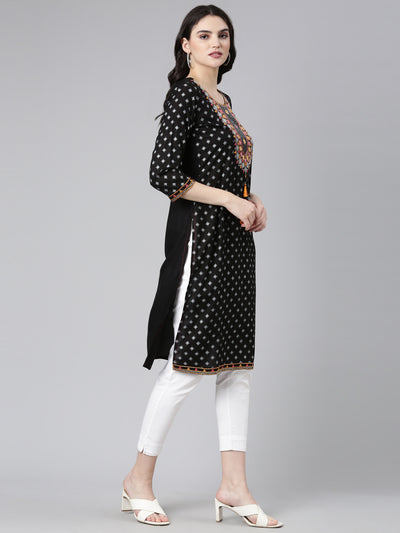 Neerus Black Regular Straight Printed Kurta