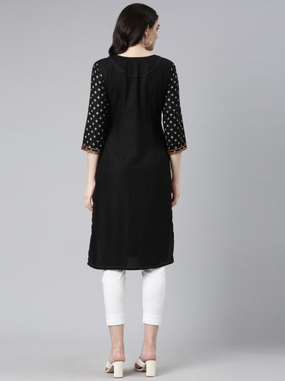 Neerus Black Regular Straight Printed Kurta