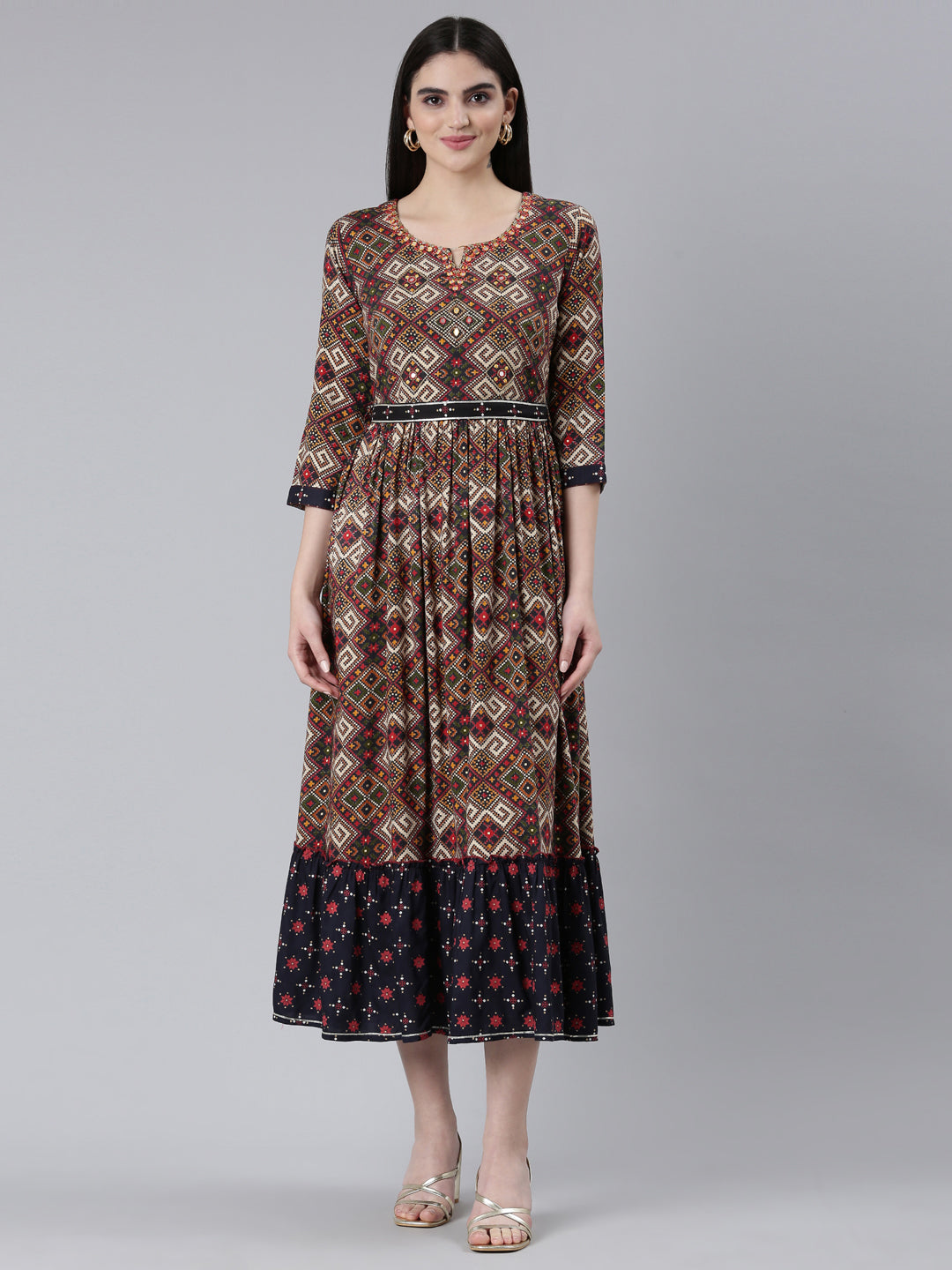 Neerus Grey Straight Casual Printed Gown