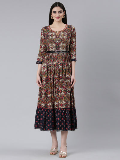 Neerus Grey Straight Casual Printed Gown