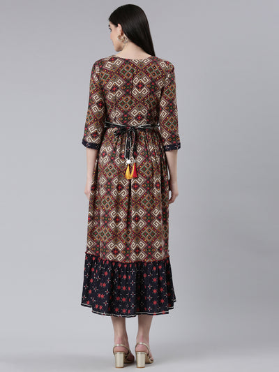 Neerus Grey Straight Casual Printed Gown