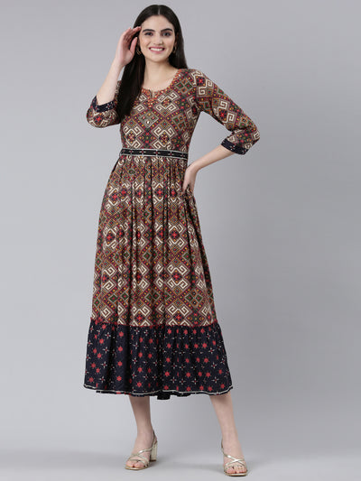 Neerus Grey Straight Casual Printed Gown