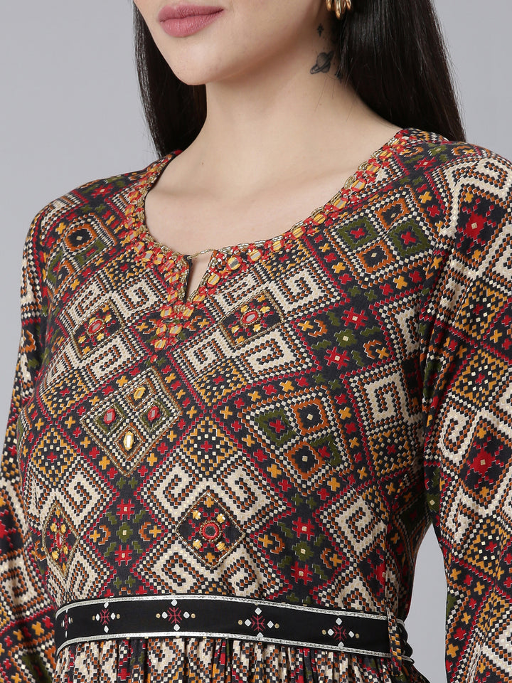 Neerus Grey Straight Casual Printed Dress