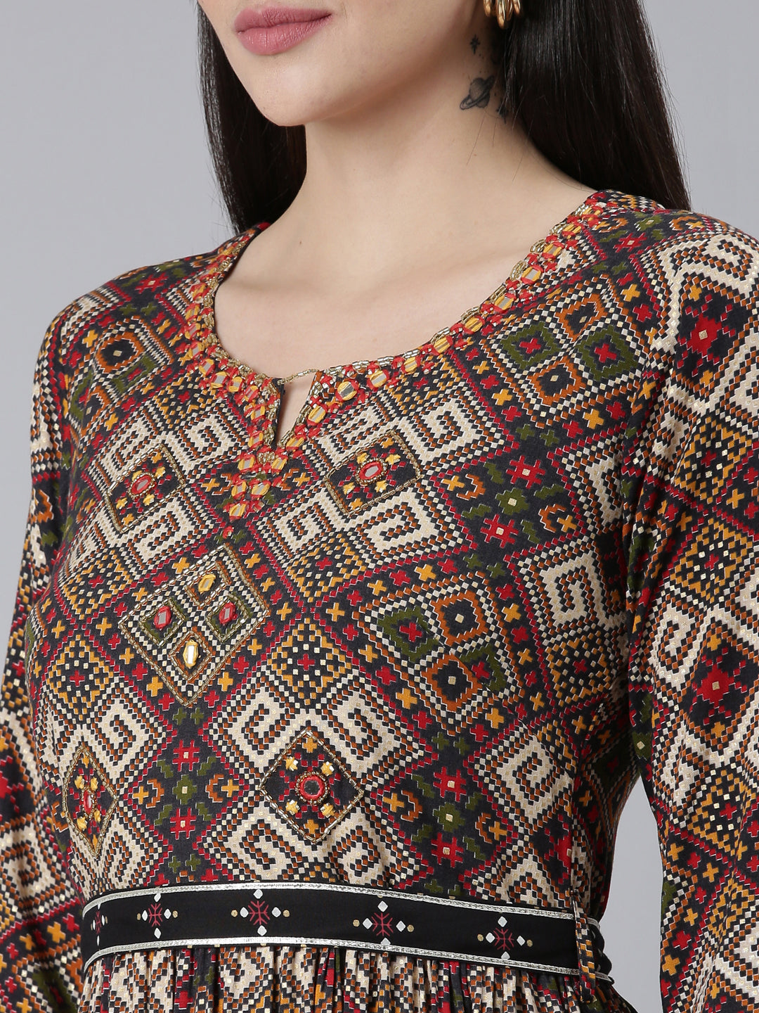 Neerus Grey Straight Casual Printed Gown