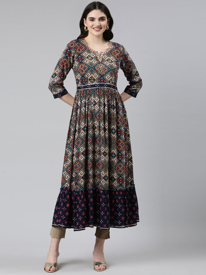 Neerus Navy Blue Straight Casual Printed Dress