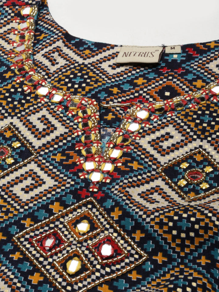 Neerus Navy Blue Straight Casual Printed Dress