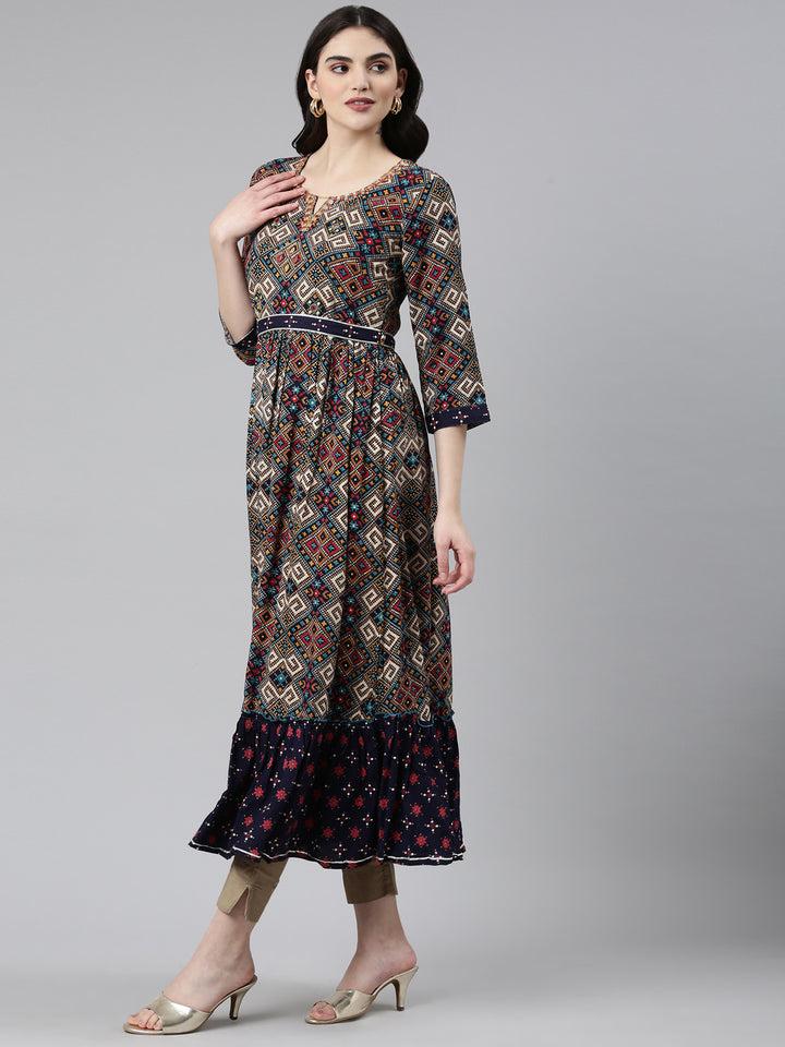 Neerus Navy Blue Straight Casual Printed Dress