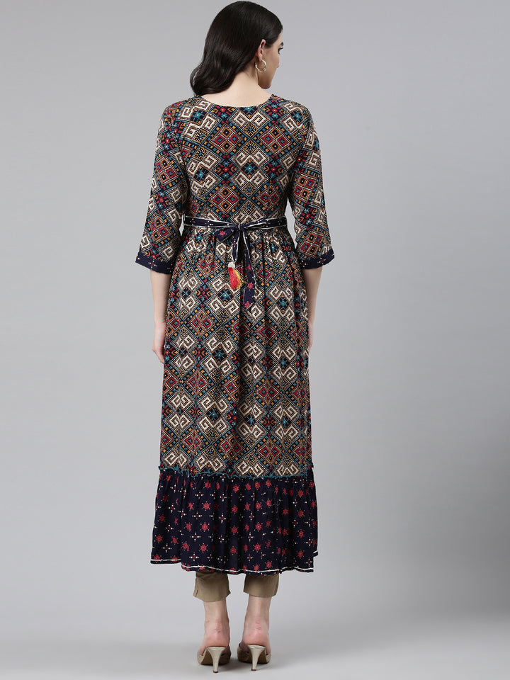 Neerus Navy Blue Straight Casual Printed Dress