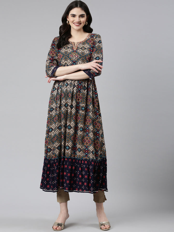 Neerus Navy Blue Straight Casual Printed Dress