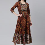 Neerus Brown Straight Casual Printed Dress