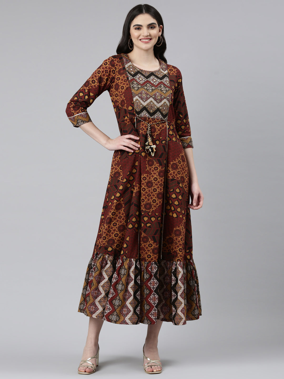 Neerus Brown Straight Casual Printed Gown