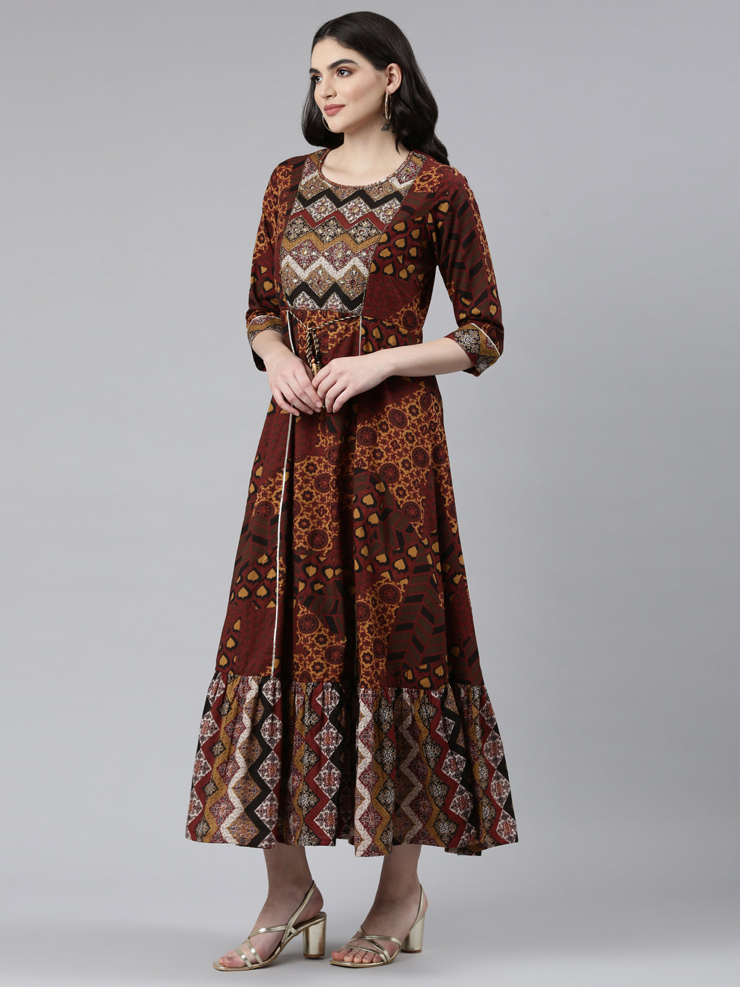 Neerus Brown Straight Casual Printed Gown