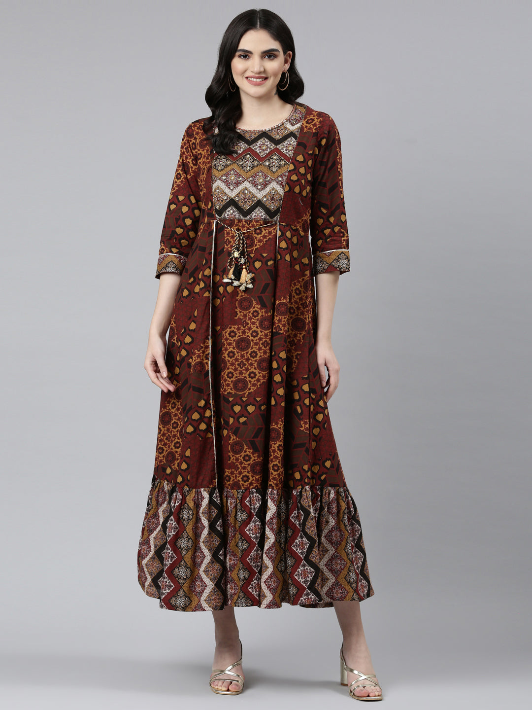 Neerus Brown Straight Casual Printed Gown