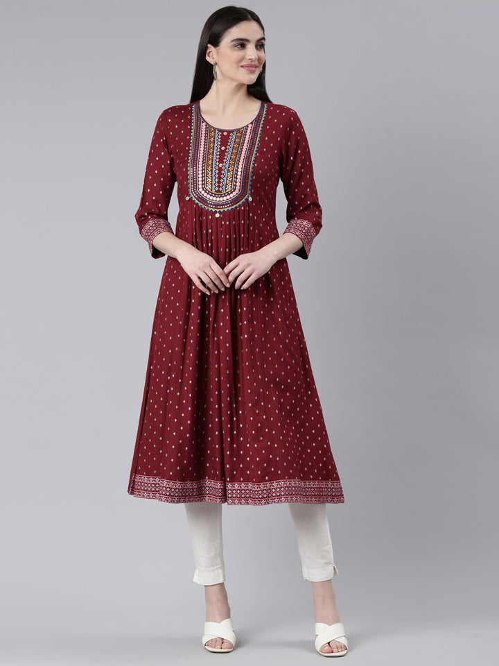Neerus Maroon Pleated Straight Printed Kurta