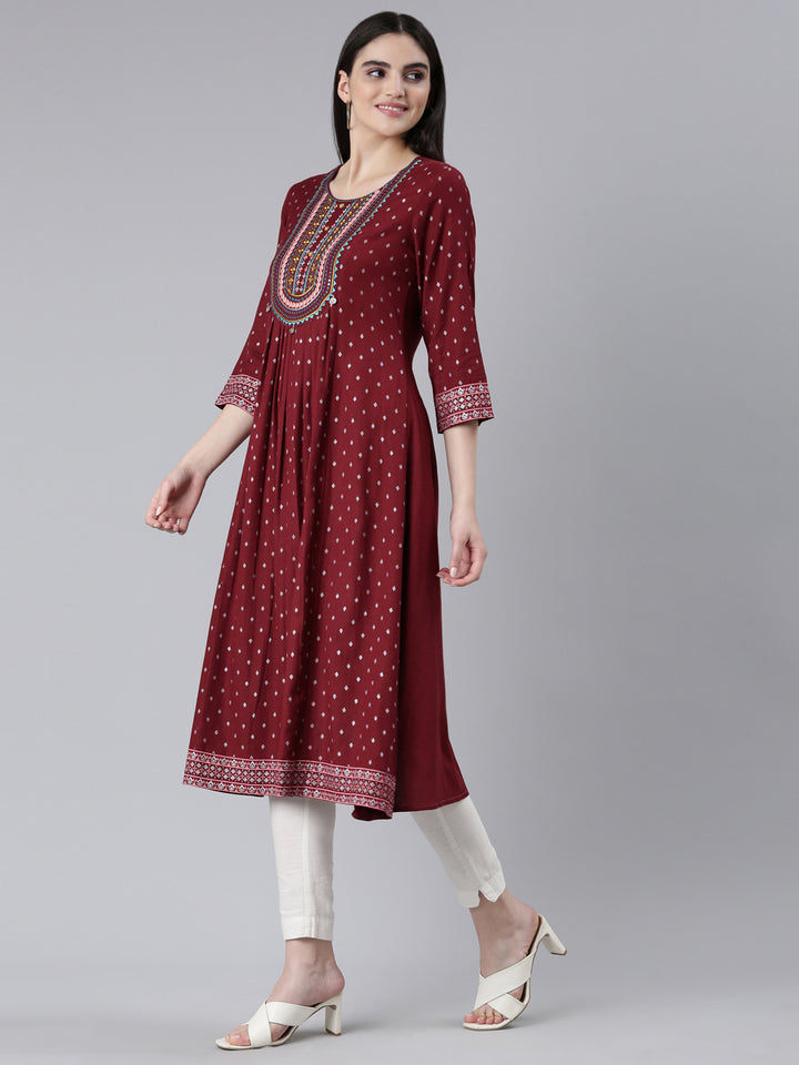 Neerus Maroon Pleated Straight Printed Kurta