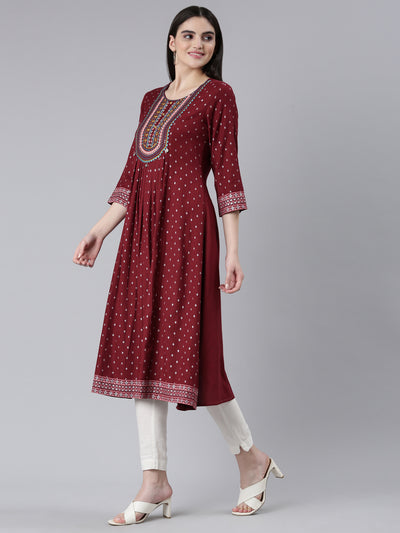 Neeru's Maroon Pleated Straight Printed Kurtas