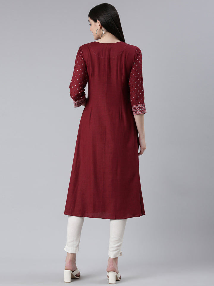 Neerus Maroon Pleated Straight Printed Kurta