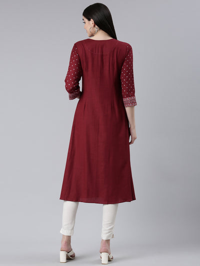Neeru's Maroon Pleated Straight Printed Kurtas
