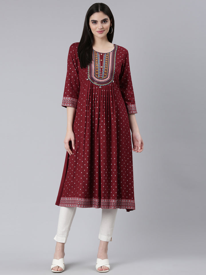 Neerus Maroon Pleated Straight Printed Kurta
