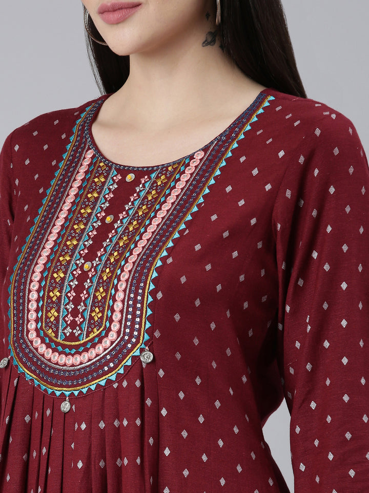 Neerus Maroon Pleated Straight Printed Kurta