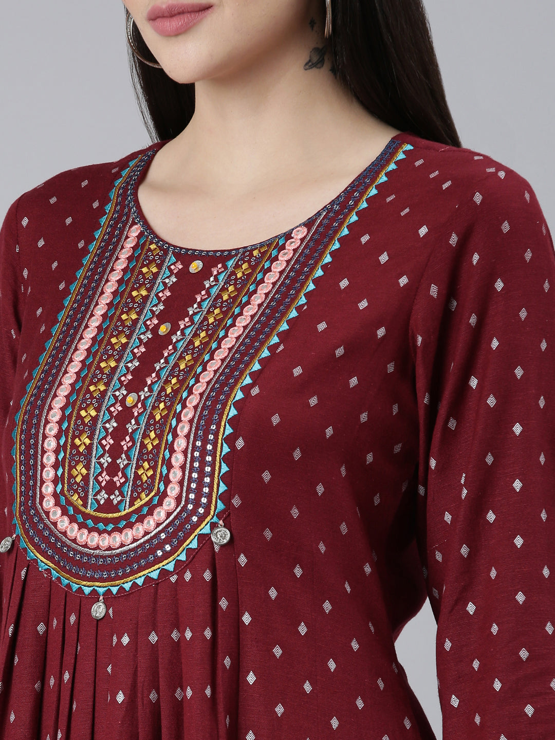 Neeru's Maroon Pleated Straight Printed Kurtas