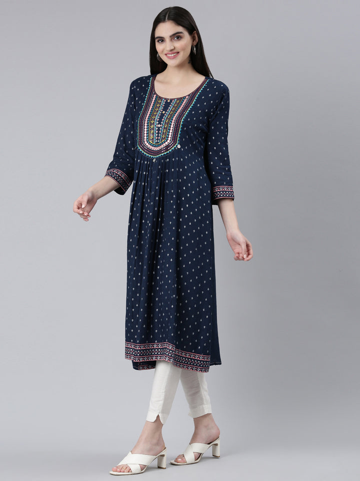 Neerus Navy Blue Pleated Straight Printed Kurta
