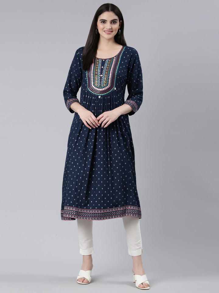 Neerus Navy Blue Pleated Straight Printed Kurta