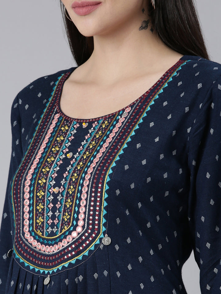 Neerus Navy Blue Pleated Straight Printed Kurta