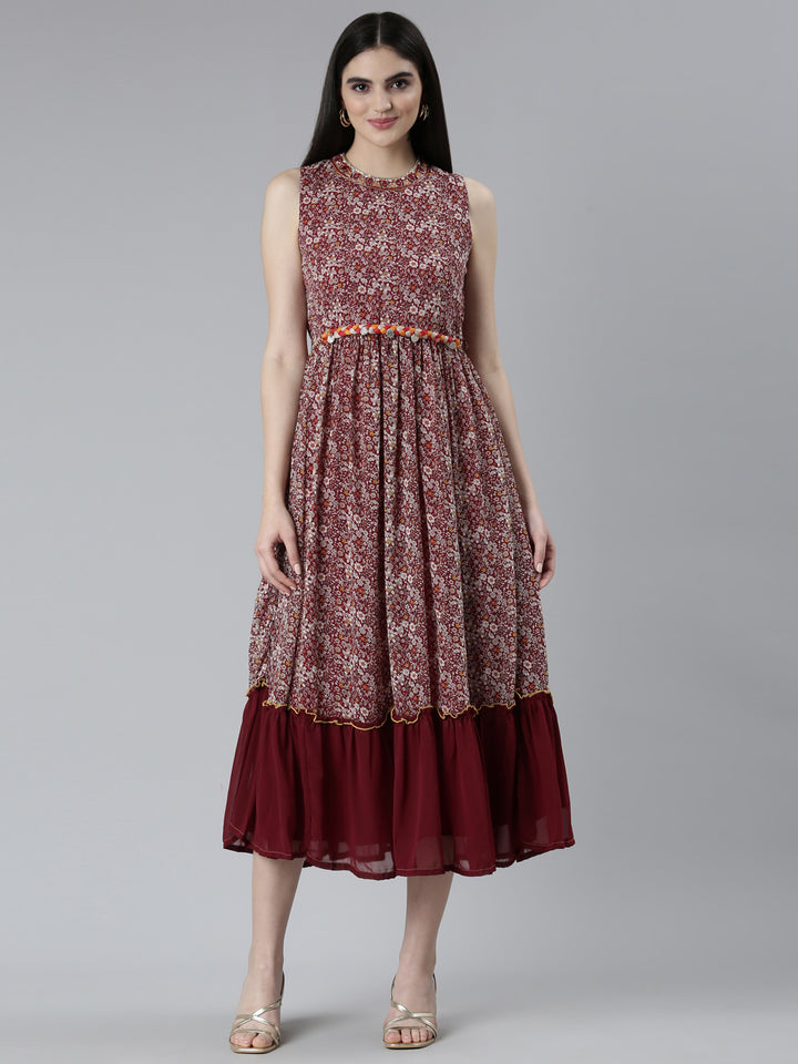Neerus Maroon Straight Casual Printed Dress