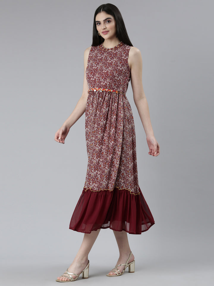 Neerus Maroon Straight Casual Printed Dress