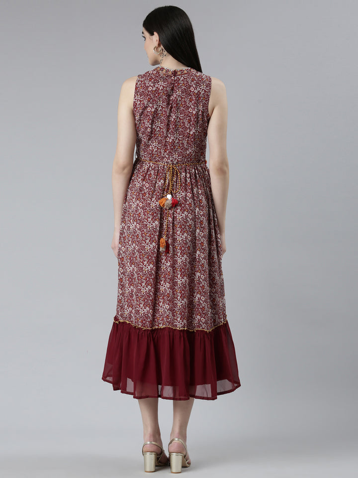 Neerus Maroon Straight Casual Printed Dress