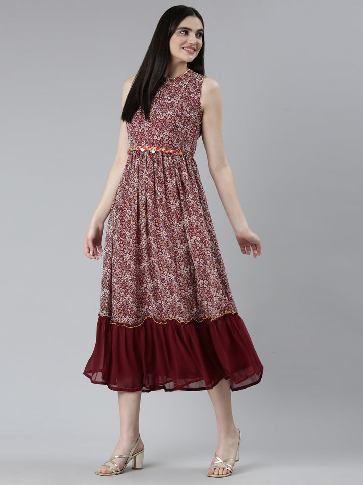 Neerus Maroon Straight Casual Printed Dress