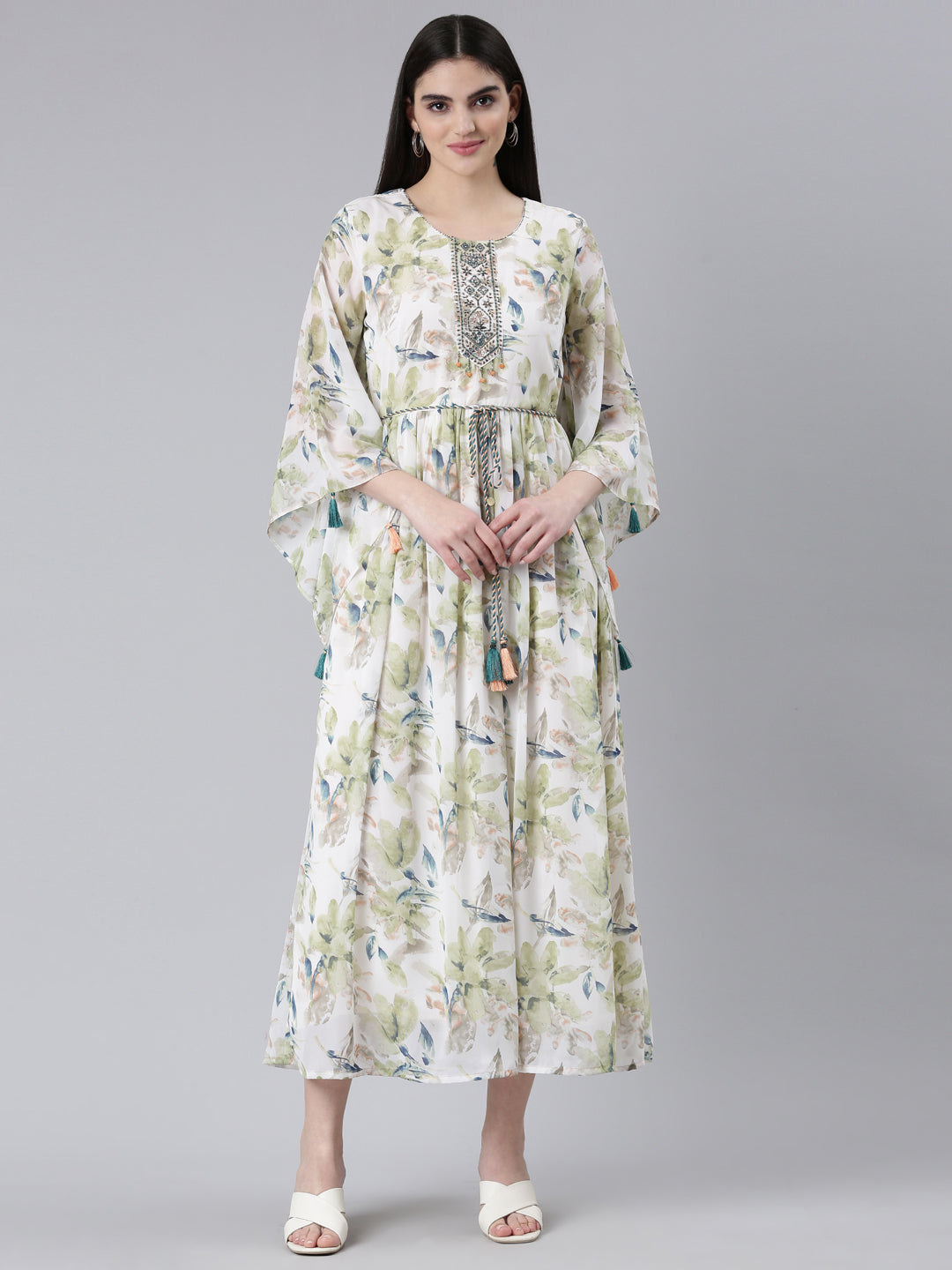 Neerus Green Straight Casual Printed Gown