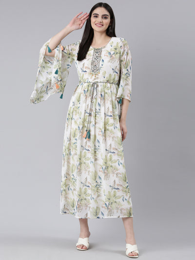 Neerus Green Straight Casual Printed Gown
