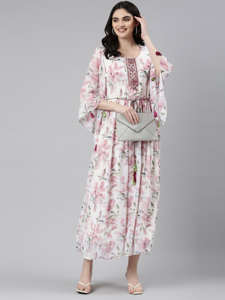 Neerus Pink Straight Casual Printed Dress