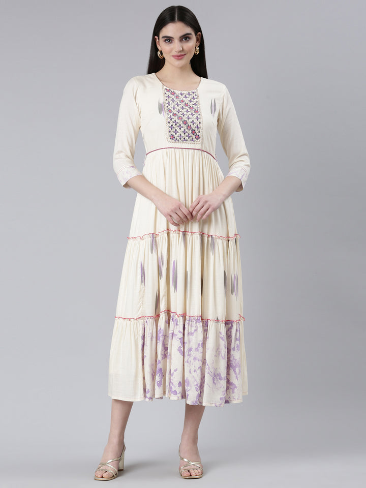 Neerus Cream Straight Casual Printed Dress
