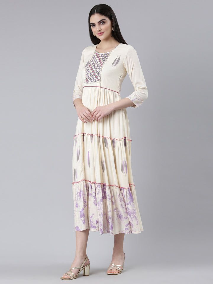 Neerus Cream Straight Casual Printed Dress