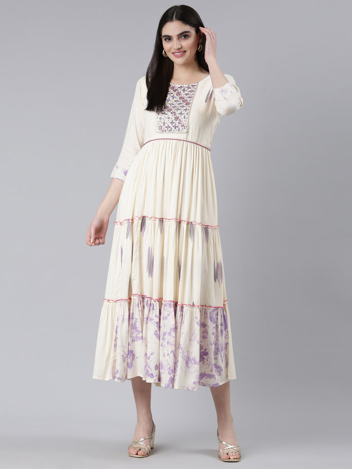 Neerus Cream Straight Casual Printed Dress