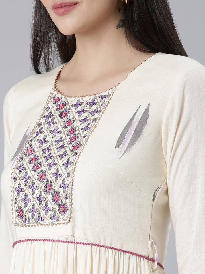 Neerus Cream Straight Casual Printed Dress