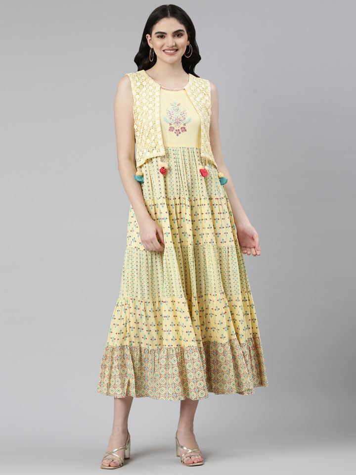 Neerus Yellow Pleated Anarkali Solid Kurta