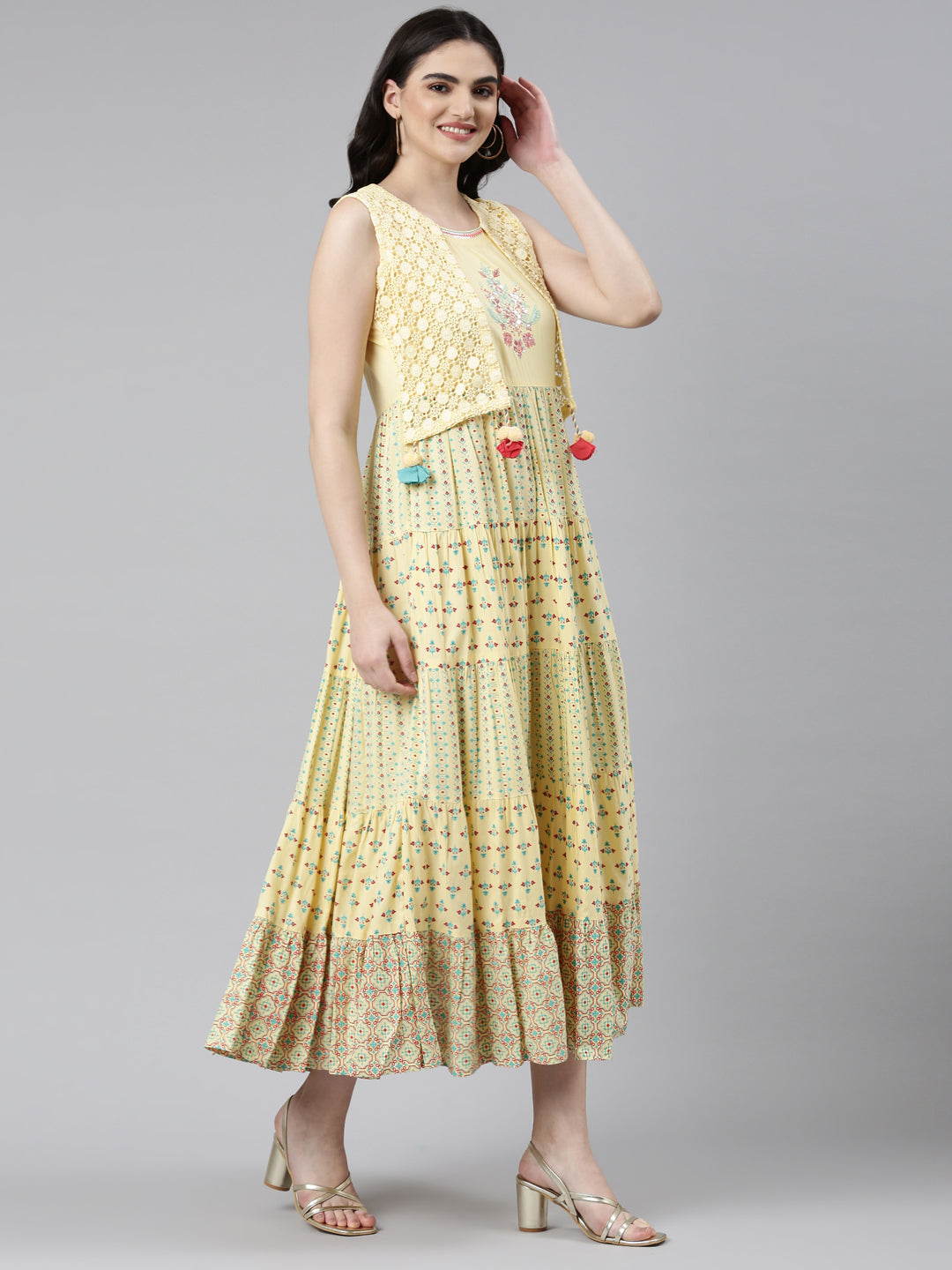Neerus Yellow Pleated Anarkali Solid Kurta