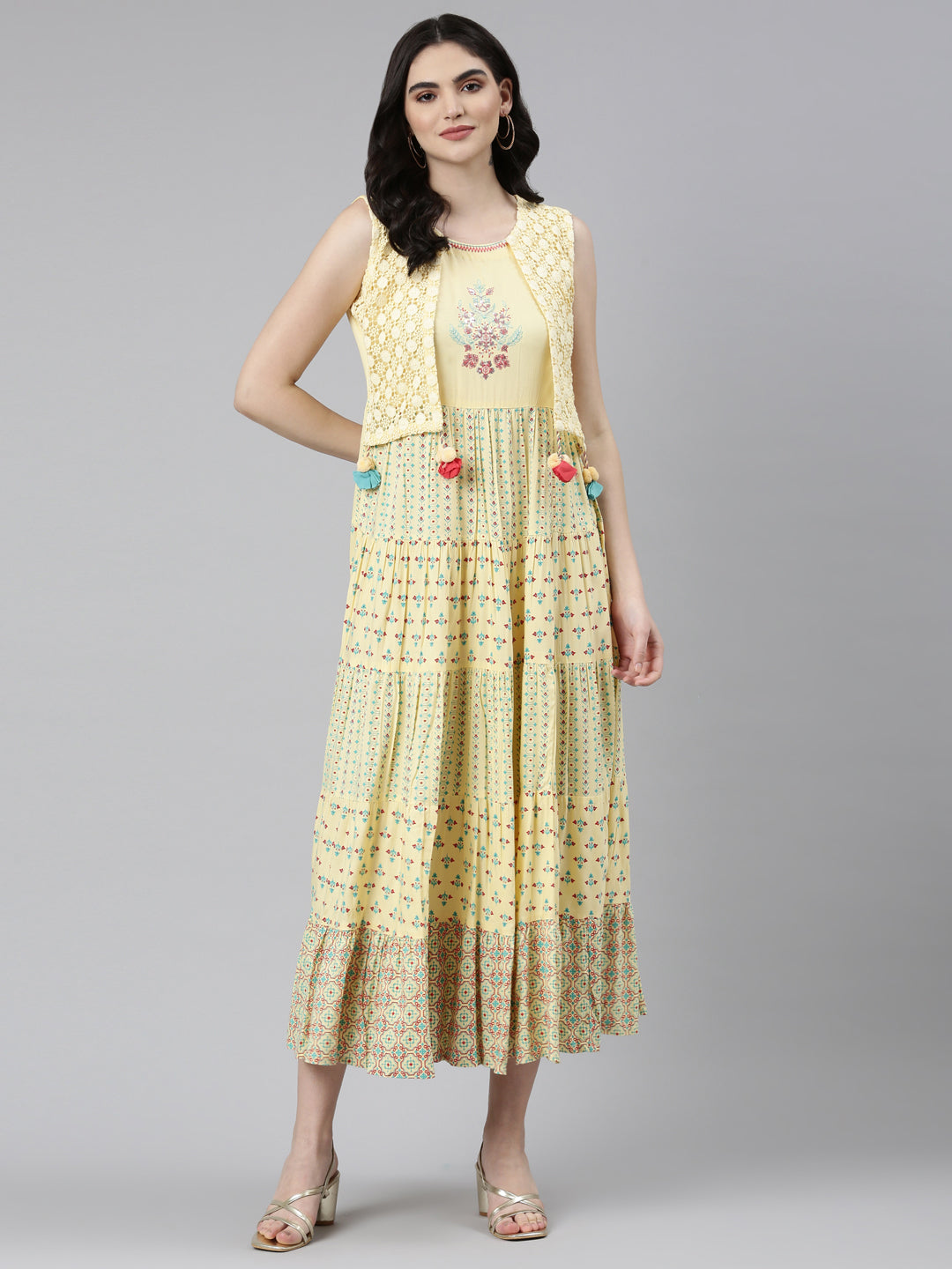 Neerus Yellow Pleated Anarkali Solid Kurta