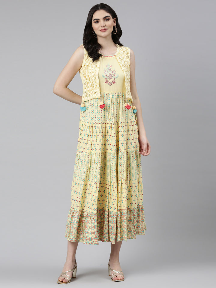 Neerus Yellow Pleated Anarkali Solid Kurta