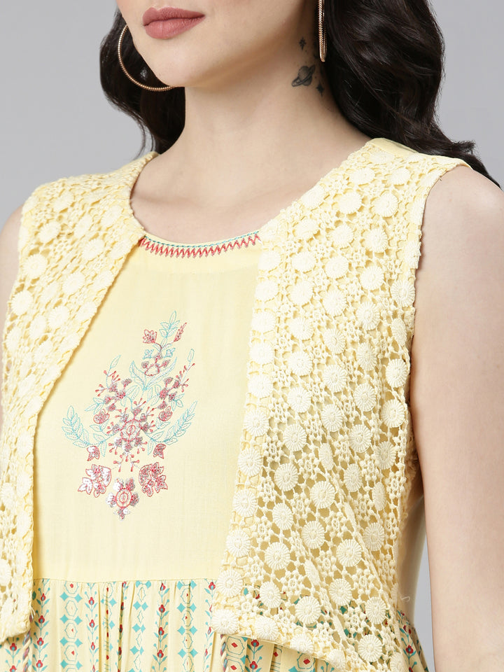 Neerus Yellow Pleated Anarkali Solid Kurta